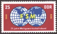 Briefmarke zu Deutsche Demokratische Republik (DDR) 25 Jahre Freier Deutcher Gewerkschaftsbund und Weltgewerkschaftsbund 25 Pfg mehrfarbig