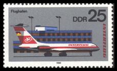 Briefmarke zu Deutsche Demokratische Republik (DDR) 25 Jahre INTERFLUG: Internationale Luftpostausstellung AEROSOZPHILEX 25 Pfg mehrfarbig